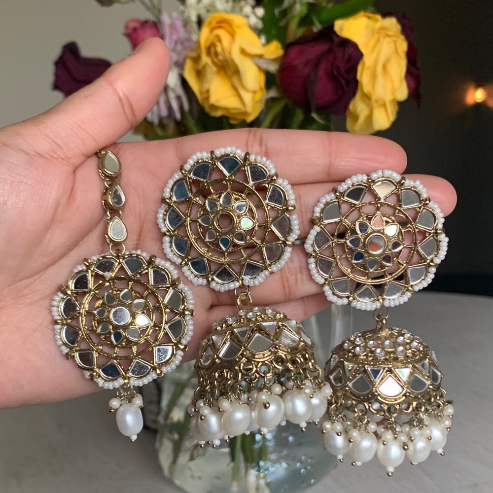White Pearl and Mirrored Jhumka Earrings and Tikka Set